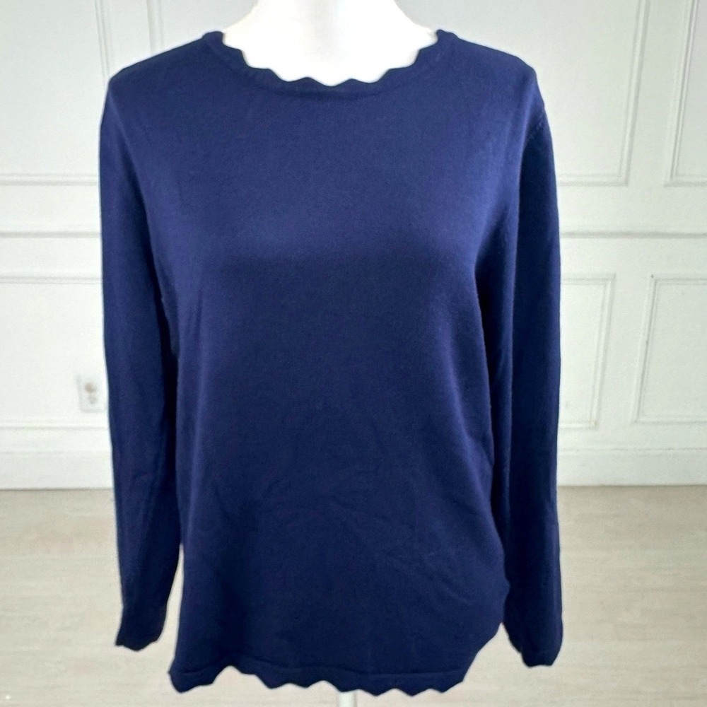 Grace Karin Sweater Women‎ XL Navy Blue Scalloped Neck Long Sleeve Office Work